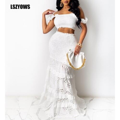 Summer White Two Piece Set Women Sexy Off Shoulder Crop Tops And Long Mermaid Skirt 2 Piece Sets Casual Hollow Out Party Outfits