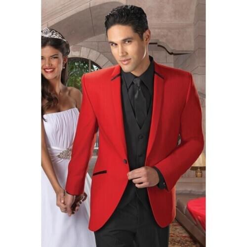 New Arrival Mens Suits For Prom Red Wedding Suit For Men Notched Lapel Grooms Tuxedos Slim Fit Three Piece Groomsmen Suit