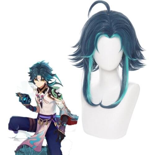 Genshin Impact Xiao Cosplay Men 40cm Green Mixed Wig Cosplay Anime Cosplay Wigs Heat Resistant Synthetic Wigs Halloween