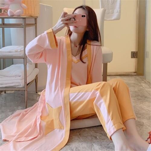 Pajamas three-piece female long-sleeved cotton suspenders sexy loose large size home service casual nightgown nachtmode 2020