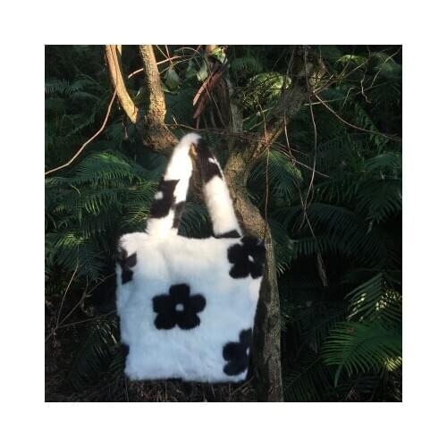 Plush cartoon handbags winter shoulder bag cute Flowers houndstooth pattern hand bag women solid color ladies bag tote gift bag