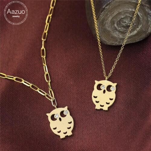 Aazuo Real Diamond 18K Yellow Gold Lovely Animal Owl Pendent With Chain Bracelet Necklace gifted for Children for Women Au750