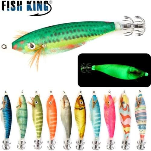 FISH KING Squid bait hook Wooden Shrimp jig Fishing Lures hooks wood Artificial luminous jigging lure with bag