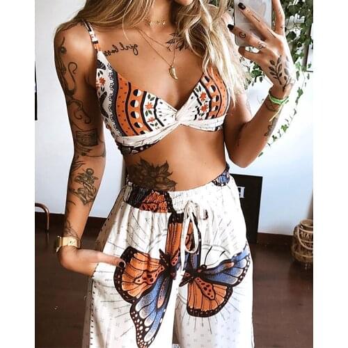 Butterfly Print 2 Pecs Suit Summer Tracksuit Sets Womens Outfits Boho Beach Style Underwear Loose Wide Leg Pants Ropa Mujer New