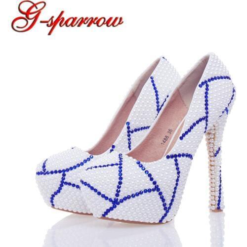 White Pearl Blue Rhinestone Bridal Wedding Shoes Elegant Women High Heels Mother of the Bride Shoes Plus Size Special Design