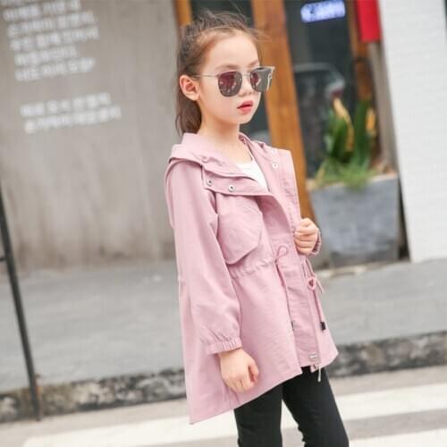 Hot Baby Girls Trench Coats 4-16 Years Old Kids Trench 2019 Autumn Chidlren Solid Children Windbreaker Hooded Zipper Outerwear