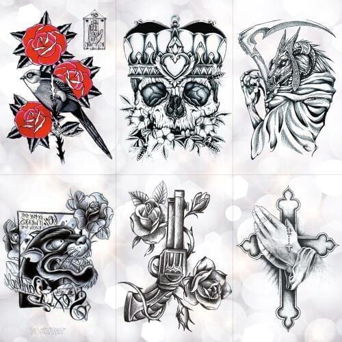 Crown Skull Scythe Death Waterproof Temporary Tattoo Sticker Sketch Praying Cross Flash Tattoos Body Art Arm Fake Tatoo