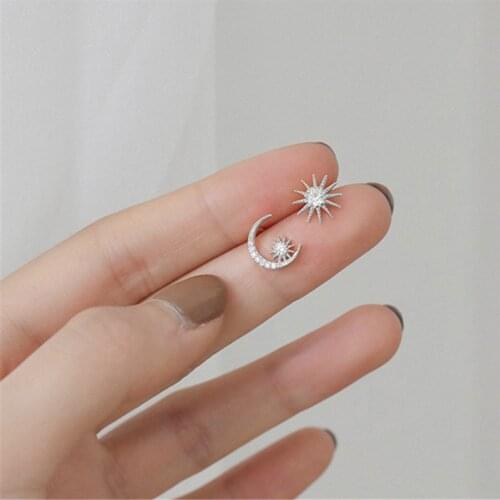 925 Sterling Silver Asymmetry Star Moon Stud Earrings For Women Wedding Jewelry Female pendientes mujer moda eh1423