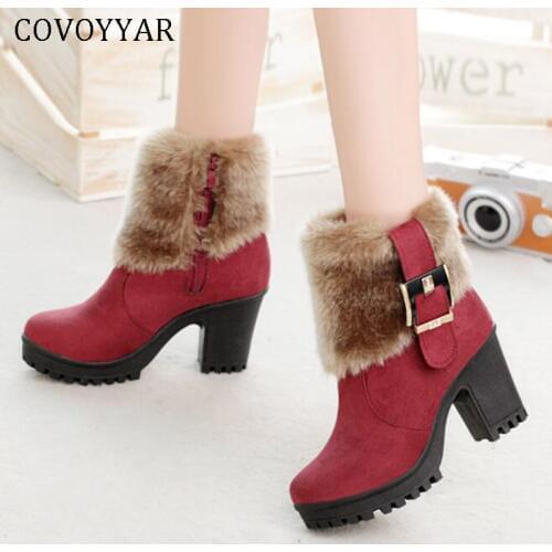 COVOYYAR 2020 Thick Heel Women Shoes Winter Warm Snow Ankle Boots Woman Buckle Fur Cuff Lady Platform Booties Pumps WBS4003