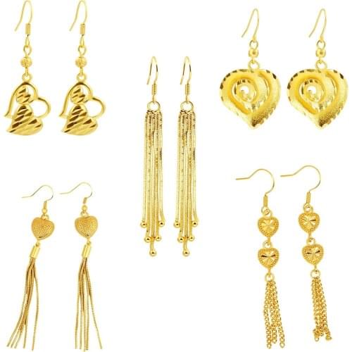 2021 New 24K Gold Color love shape earings Long Tassel Piercing Ear Clip Earrings for Women wedding Jewelry Valentines Day gift