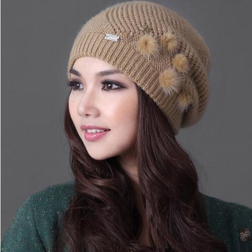Women Hats Winter Thicken Double Layer Rabbit Hair Knitted Hat Elegant Casual Wool Cap Female Beanies Free Shipping