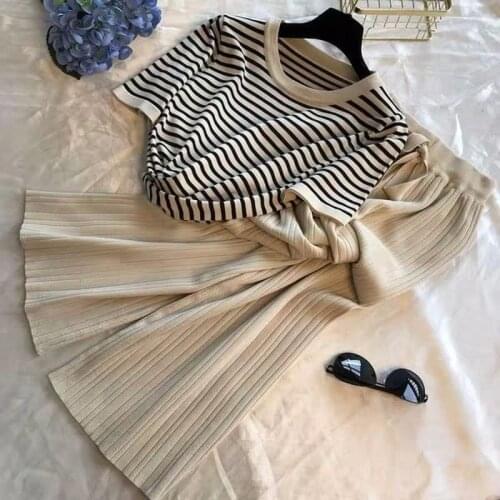 Short-sleeved Striped Round Neck Knitted Top Women High Waist Lace-up Solid Color Wide-leg Pants Sweater Set Female Spring 2021