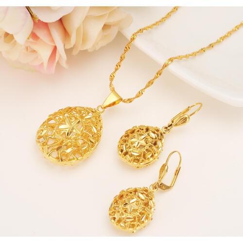 Ethiopian set women Jewelry Pendant Necklace Earring Gold Color hollow African Bridal Wedding Jewellery Arab girl charmsgift