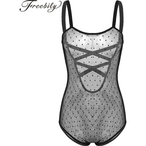 Womens One-piece See Through Sheer Dotted Mesh Lingerie Spaghetti Shoulder Straps Criss-cross Back Leotard Bodysuit Nightwear