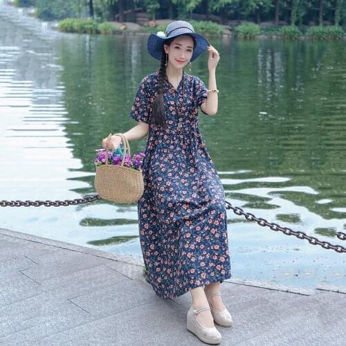 Boho Printed Maxi Dress Vintage Casual Cotton Linen Dress Women Vestidos Robe Plus Size S-5XL Loose Pocket Long Dress FC895