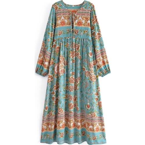 Blue Green floral print cotton maxi dreses women lace up long sleeve V-neck boho dress casual loose oversized women party wear