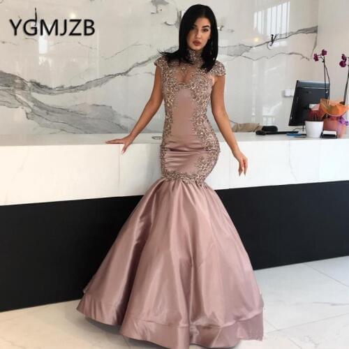 Robe De Soiree 2019 Long Evening Dresses Mermaid High Collar Beaded Appliques Lace Saudi Arabic Women Formal Party Prom Gown