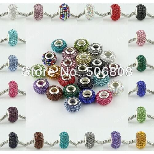 150PCS Mixed Color Crystal Rhinestone Resin Charm European Beads / Big Hole Beads For Bracelet or Snake Chains Jewelry Findings