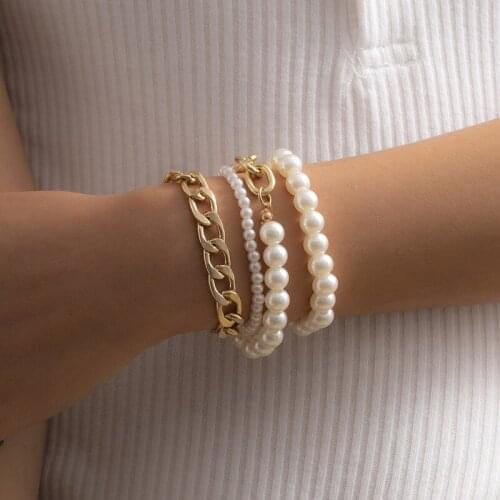 4 Pcs/Set Vintage Gold Thick Chain Imitation Pearl Bracelets Set Punk Multilayer Geometric Bracelets for Women Jewelry Gifts