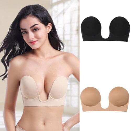 Backless Plunge Bra Strapless U Shape Adhesive Silicone Invisible Push up Bra