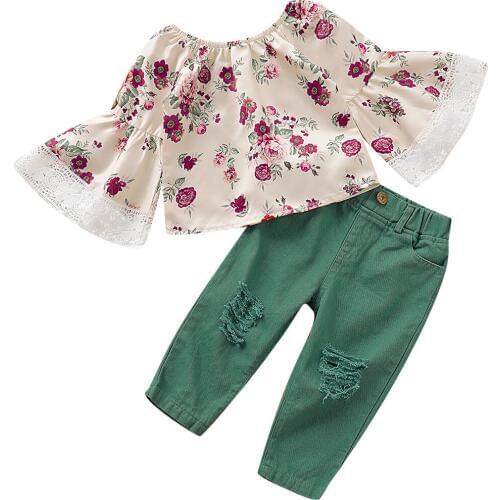 2PCS Infant Kids Baby Girl Floral Dress Top+Denim Pants Jeans Clothes Outfit Summer Lace T Shirt Tops Jeans Pants