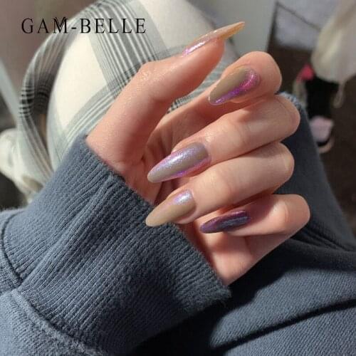 GAM-BELLE Holographic Glitter Fake Nails Long Ellipse Shape French False Press On Nails Tips Shimmer Full Manicure Beauty Tools