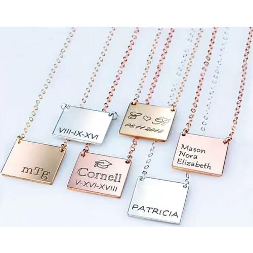 HUHUI Custom Engraved Name Necklace With Square Pendant Stainless Steel Personalized Women Jewelry Anniversary Party Gift