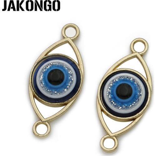 JAKONGO Antique Gold Color Blue Evil Eye Connectors Charms Pendants for Jewelry Making DIY Handmade Craft Accessories 12x27mm