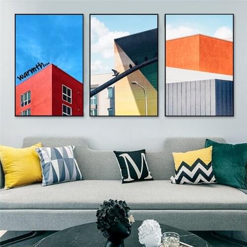 Nordic Colorful Building Canvas Painting Pink Blue Landscape Poster Print Wall Art Pictures for Living Room Aesthetic Home Decor