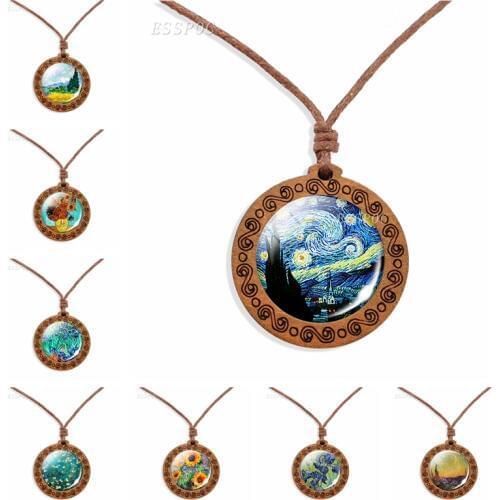 Fashion simple design wood jewelry van gogh starry night sunflowers glass cabochon wood pendant necklace for friends gifts
