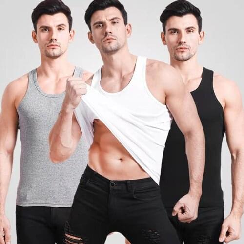 Mens Vest Slim Stretch Solid Color Sports Fitness Beauty Fine Ribbed Polyester Seamless Vest Knitting