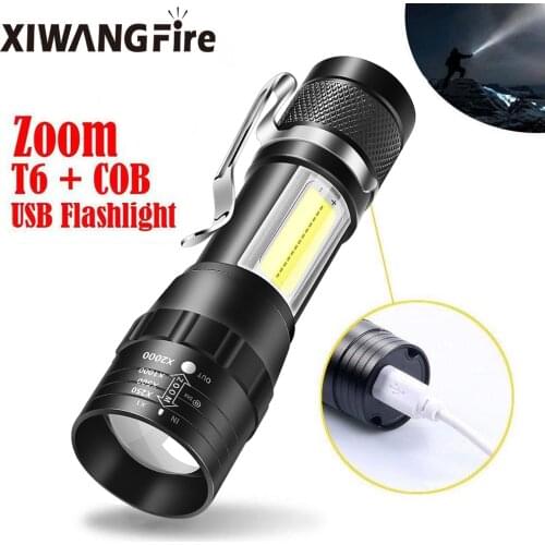Portable LED Flashlight T6 COB Light Rechargeable Flashlight Built-in Battery Zoom Flashlight 3 Mode Waterproof Emergency Torch