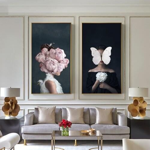 Large Size Nordic Poster Canvas Print Flowers Butterfly Woman Oil Painting Abstract Wall Art Pictures For Living Room Home Decor