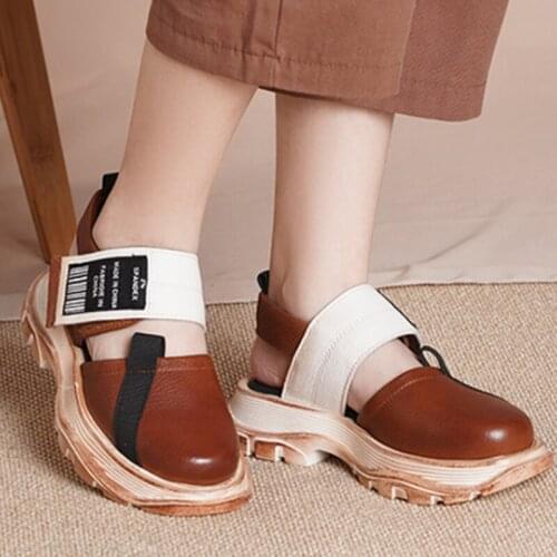 Retro Summer Shoes Women Sandals Genuine Leather Hook & Loop Footwear 2021 New Wedges Handmade Concise Platform Ladies Sandals