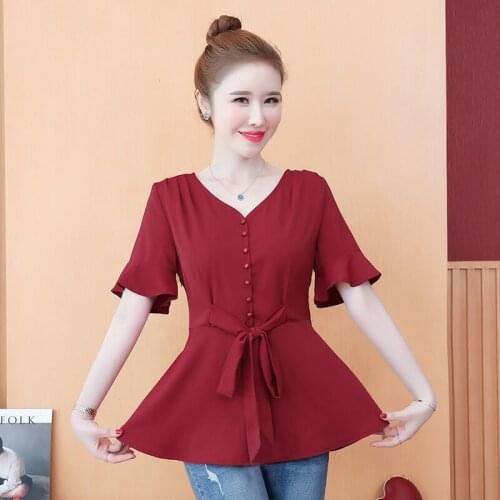 Spring Summer Women Chiffon Blouses Short Sleeve Solid Color Belt Shirts Loose Large Size Fashion V-Neck Tops Mid-Length MM0326