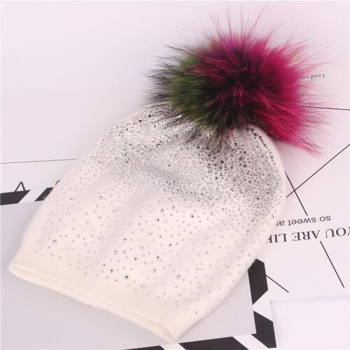 Hat for women knitting wool seven color big raccoon hair bulb skin drills very true hair in the fall and winter gorro pompom