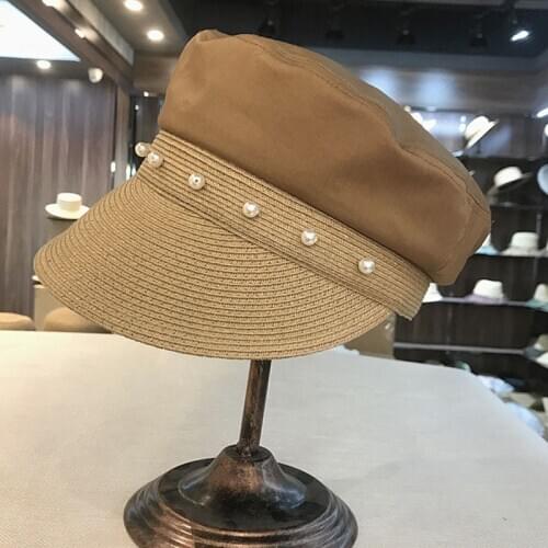 2021 New Fashion Sun Hats for Women Pearls Straw Cap Patchwork Cotton Summer Hat UV Protection Beach Packable Visor Cap
