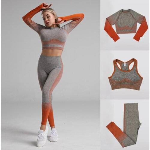 Knit Ombre Seamless Sport Suit Women Workout Set Long Sleeve Crop Top High Waist Gym Leggings Bra Yoga Set Fitness Clothing