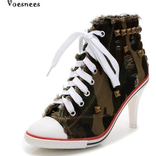 Pumps 2019 Sexy Personality Winter Shoes Lace-up High-top Lace Thin Heels High-heeled Cowboy Canvas Rivets Plus-size 4 color
