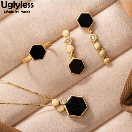Uglyless Rare Dark Green Jade as Black Gemstones Jewelry Sets for Women Six-pointed Stars Studs Earrings Rings Necklace NO Chain