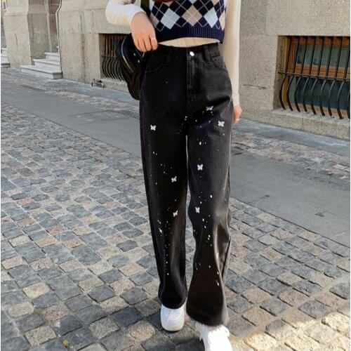 Retro Butterfly Embroidery Woman Jeans Teen Girls 2021 New Spring Korean Style Ins Fashion High Waist Loose Versatile Pants Tide
