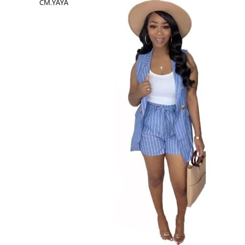 2020 Women Sets Summer Tracksuits OL Blazers+Shorts Suit Two Piece Set Club Party Work Striped Print Street 2 Pcs Outfits GL8023