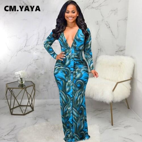 CM.YAYA Women Long Dress Print Full Sleeve V-neck Stretchy Maxi Dresses Vintage Vestidos Fashion Party Outfits Autumn 2021