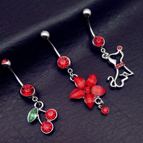 3pcs 2019 new arrivals red dog cherry flower mix style dangling navel belly bar button rings body piercing jewelry free shipping
