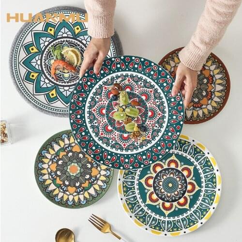 8/9/10/11 inch Ceramic Plate Restaurant Hotel Disc Bohemian Hand-Painted Plate Creative Pattern Steak Pasta Dinner Shallow Tray