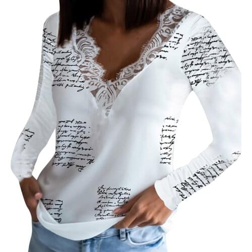 Fashion Letter Print Shirts and Blouse For Women Casual V-neck Spring Long Sleeve Lace Patvhwork Women Tunic Top Блузка Женская