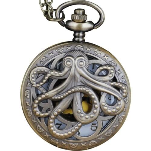 Hollow Octopus Hollow Half Hunter Quartz Pocket Watch Steampunk Black Pocket Watch with Necklace Chain Gifts for Kids