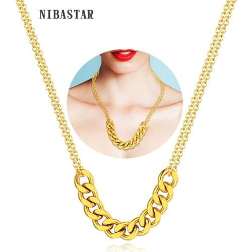 NIBASTAR Woman Punk Double Necklace Bold Cuban Chain Charm Necklace Stainless Steel Fashion Unique Casual Jewelry