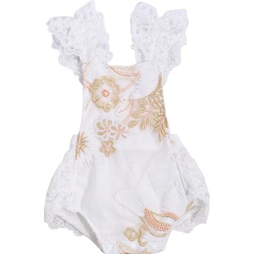 Breathable Baby Girls Backless Romper, Toddlers Sweet Style Summer Flower Embroidery Lace Splicing Fly Sleeve Jumpsuit