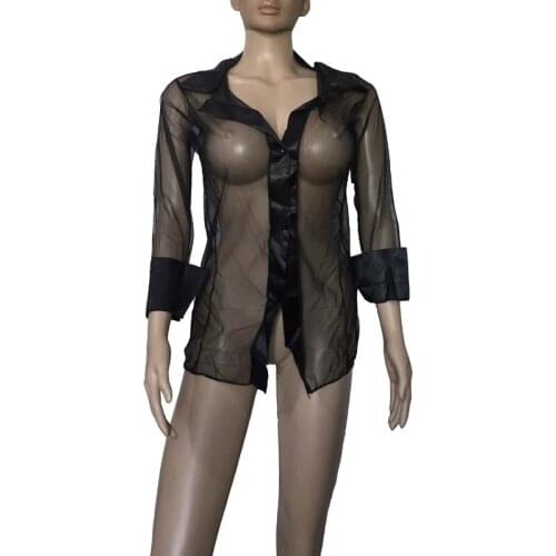 Erotic Women See-through Mesh Loose Mini Dress Office Lady Blouse Sissy Sexy Lingerie